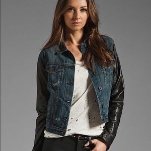 Bone Jean Jacket With Leather Sleeves 
